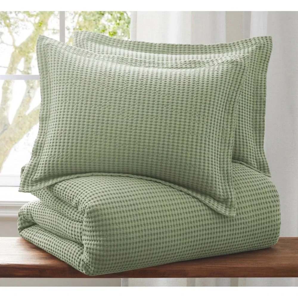 Levtex Full/Queen Duvet Cover Set Waffle Textured Sage 2 Shams